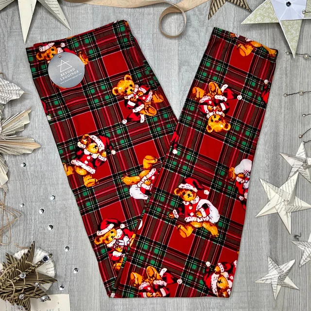 Red Plaid Teddy Bear Christmas Print Leggings