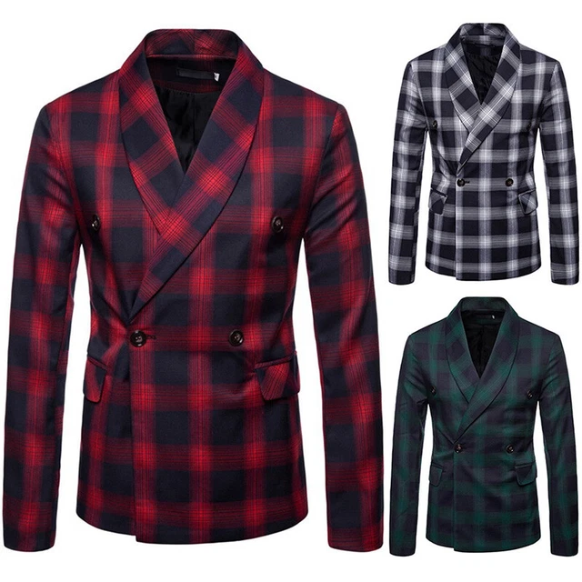 Uomo Quadri Plaid Doppio Petto Giacca Abito Suit Giacca Cappotto Festa di Nozze