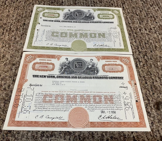 2 New York Chicago & St. Louis Railroad Nickel Plate Railroad Stock Certificate