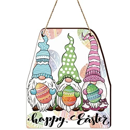 Happy Easter Welcome Sign Spring Wood Sign Holiday Three Gnomes Front Door Decor