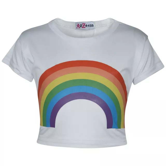 Girls Top Kids Tops Rainbow Print White Fashion Trendy T Shirt Crop Top 5-13 Yrs