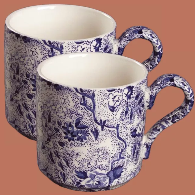 Laura Ashley CHINTZWARE BLUE Staffordshire England Coffee Mugs Cups Set of 2 VTG