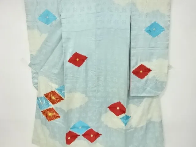 11363# Japanese Kimono / Antique Furisode / Shibori / Embroidery / Rhombus Flowe
