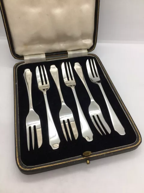 Set Of Six Solid Silver Cake / Pastry Forks