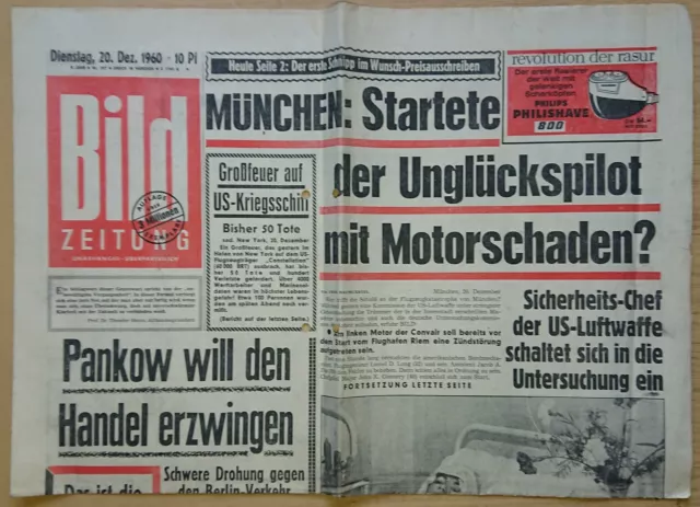 Bild Zeitung 20.12.1960 u.a. Flugzeug-Absturz München Flugzeugträger Geburtstag