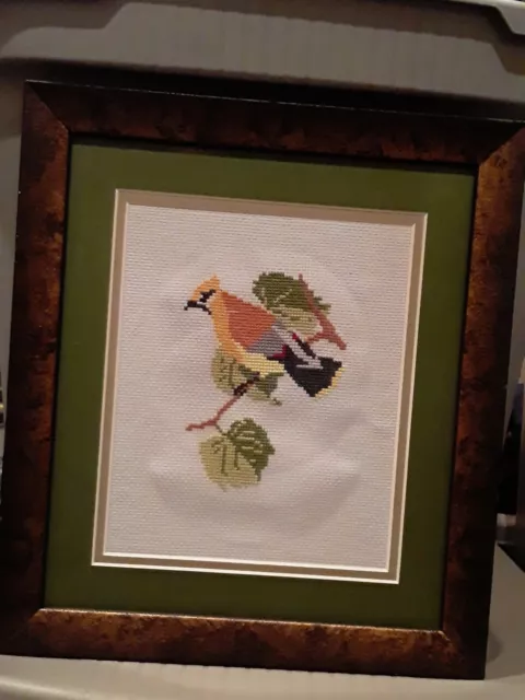 Lovely framed Cross Stitch Bird, 12.5 x 11 solid frame
