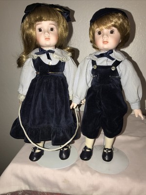 Marian Yu  14 inch Brother & Sister Adorably Dolls Vlvet Navy Jumper & Pants