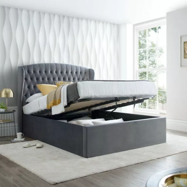 New Warwick 4ft6 Double Ottoman Storage Bed | Luxury Velvet Grey Fabric | Winged