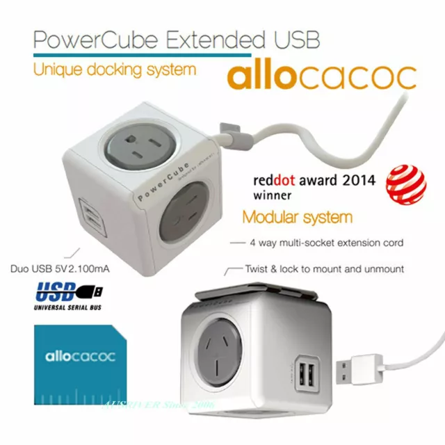 Allocacoc Power Cube Powercube Board with 0-2 USB 2-5 Outlet 0-3M Surge Protect 2