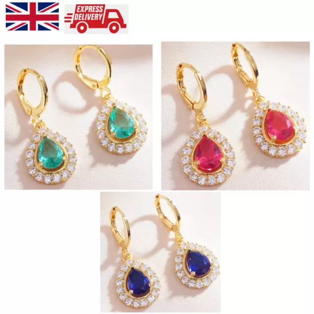 Emerald Ruby Earrings 14K Gold Plated Pear Shaped Cubic Zirconia CZ 925