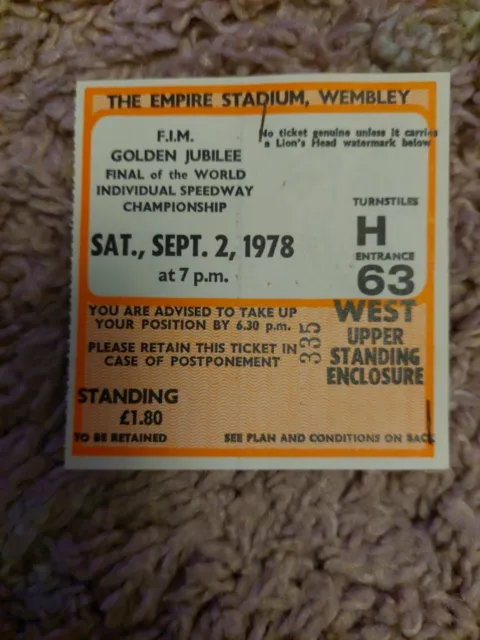 1978 F.I.M Golden Jubilee World Individual Speedway Championship Final**TICKET**