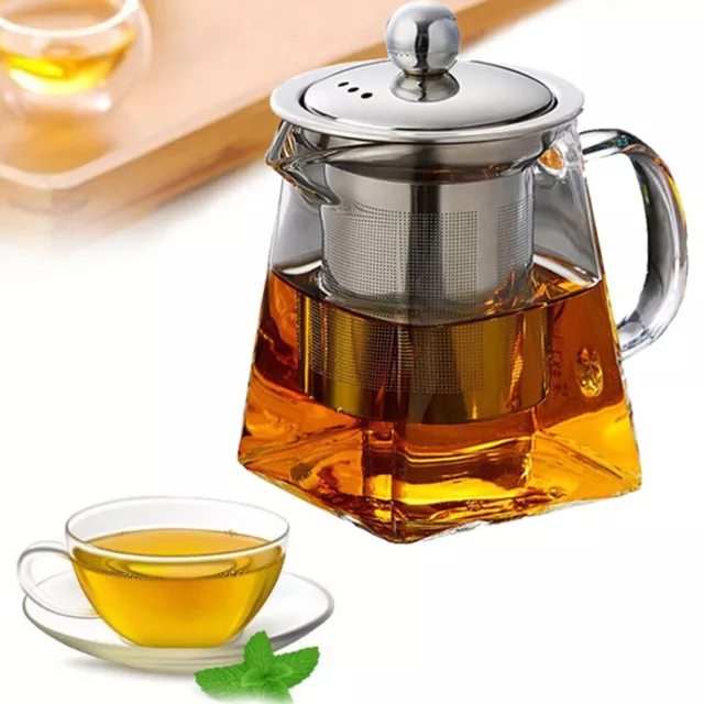 Gas Stove Heatable Glass Teapot Glass Kettle w/Steel Filter Infuser Tea Maker