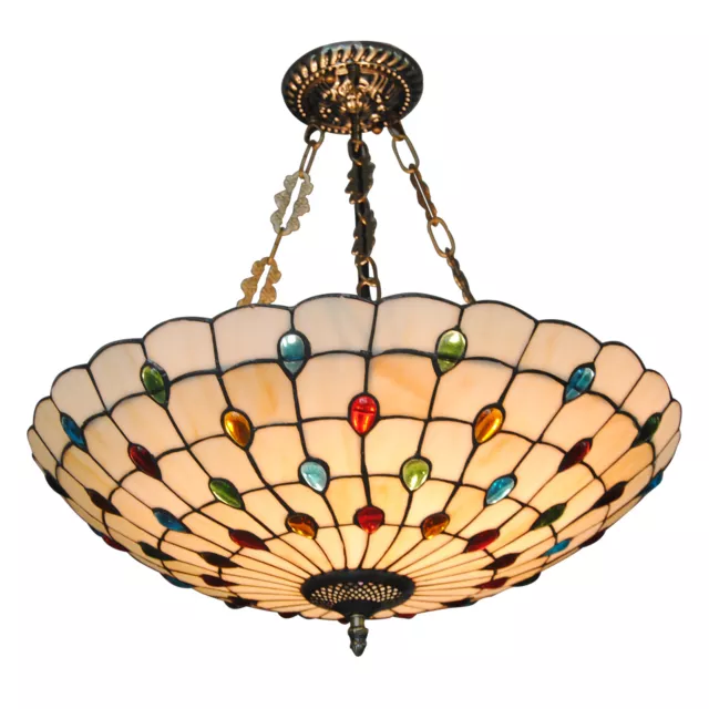 Tiffany Ceiling Light Fixture Stained Glass Peacock Green Inverted Pendant Light