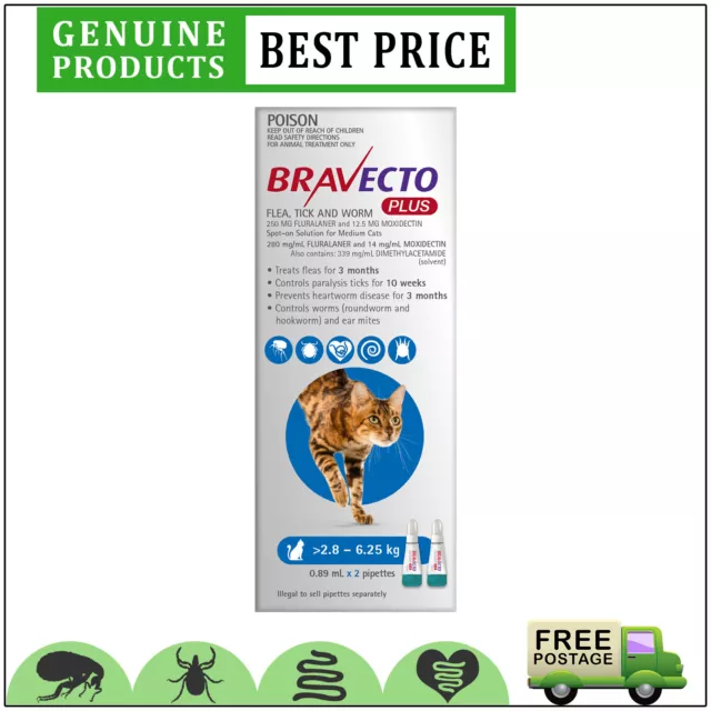 BRAVECTO PLUS 2 Doses for Cats BLUE 2.8 to 6.25 Kg Heartworm Flea Treatment