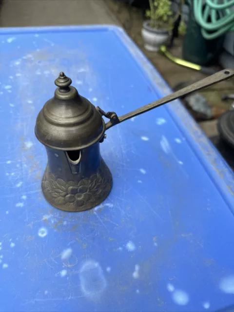 Vintage Turkish Middle Eastern Brass Coffee Pot Long Handle Etched