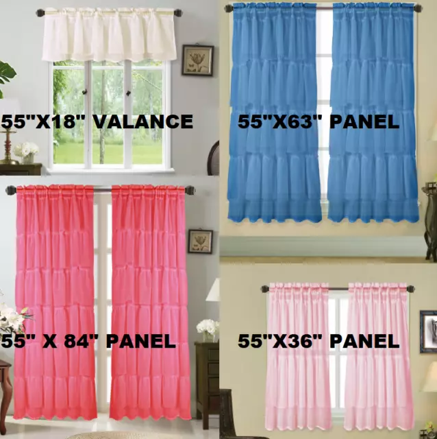 2Pc Solid Rod Pocket Top Voile Sheer Window Curtain Panel With Ruffles Modern