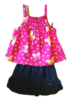 NWT Girls Pink Butterflies Heart Tank Top Ruffle Denim Jean Skirt Set Size 5
