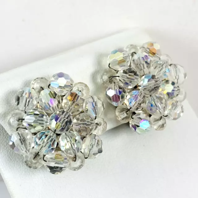 Vintage Aurora Borealis Crystal Beaded Cluster Silver Tone Clip Earrings Germany