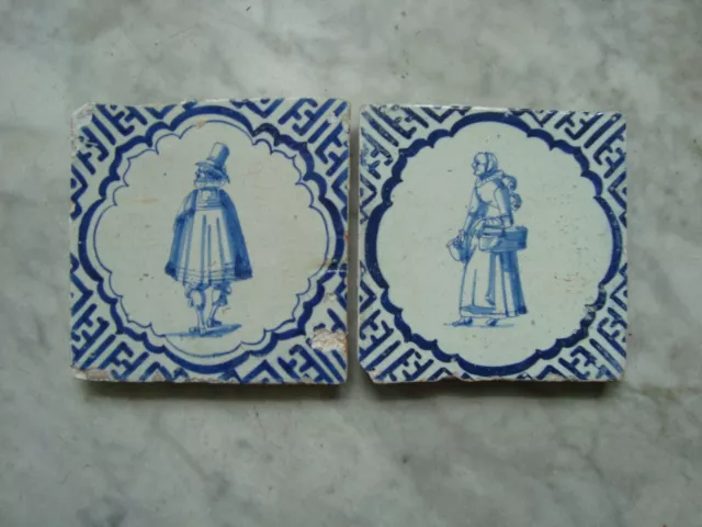 two 17th century delft handpainted  tiles man/woman in wan-li 1630
