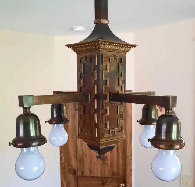 ANTIQUE c1900 ART DECO MISSION CHANDELIER LIGHT FIXTURE w/ GREEK KEY PATTERN