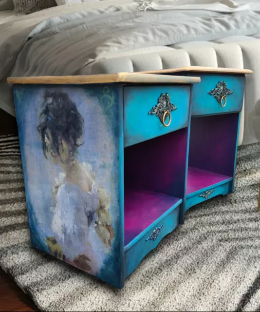 Pair Of Blue Bedside Cabinets Night Stands Tables Pine Upcycled Hand Painted 3