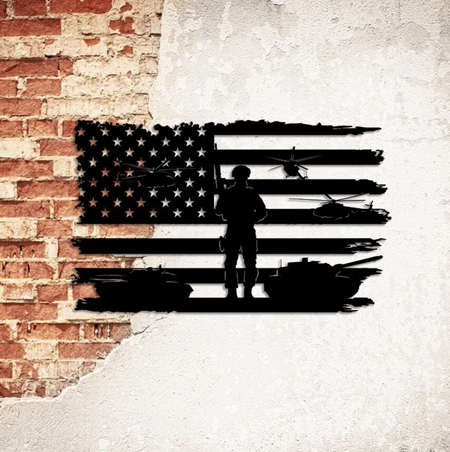 Soldier Tank Helicopter American Flag Veteran Metal Wall Art, Patriot Day Gift