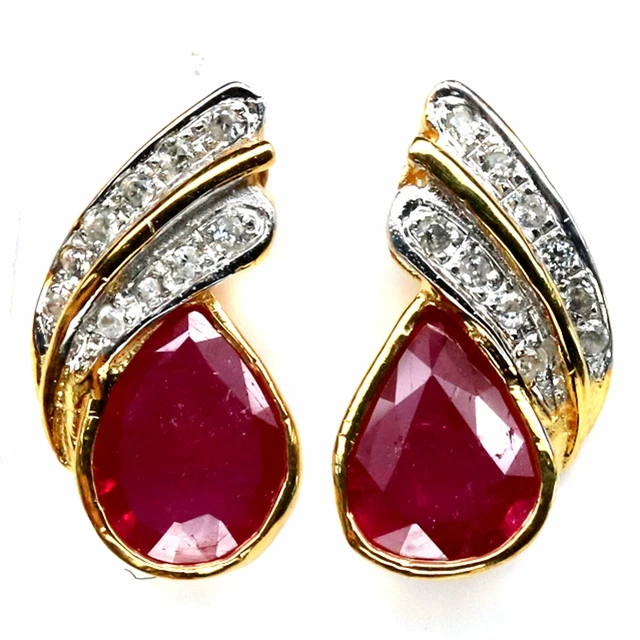 8 X 10 Mm. Birne Rot Rubin & Weiß Kambodscha Zirkonia Ohrringe 925 Silber