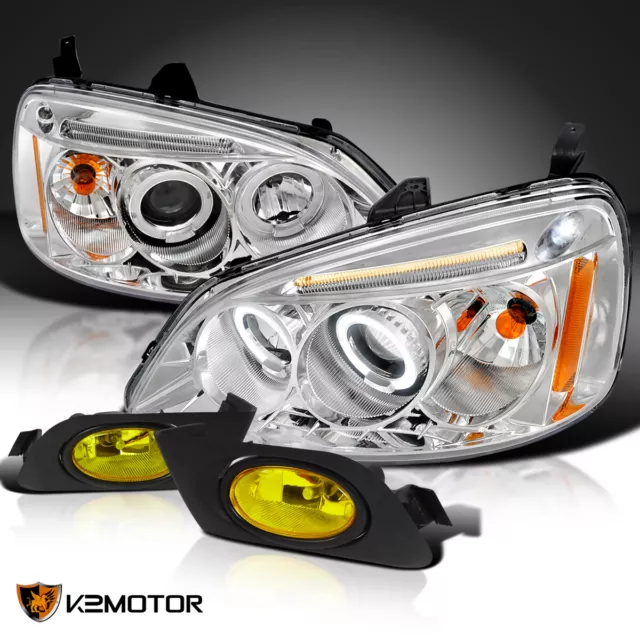 Fits 2001-2003 Honda Civic Clear LED Halo Projector Headlights+Yellow Fog Lamps
