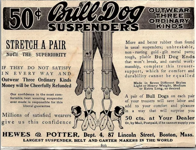 c1908 BULL DOG SUSPENDERS BOSTON MASS PRINT VINTAGE ADVERTISEMENT 37-132