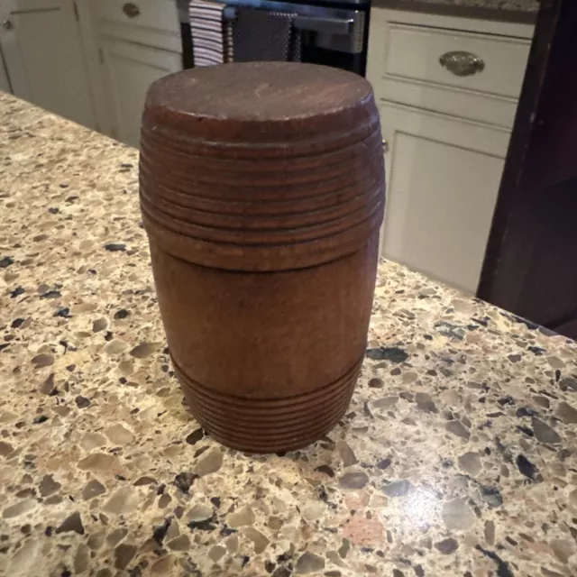 Antique Small Treen Wooden Barrel Container Jar Box Turned Ribbed Tea Spice