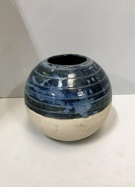 Vaso Vintage Sfera Gres Ceramica Interno Smaltato Blu Design Moderno Firmato 900