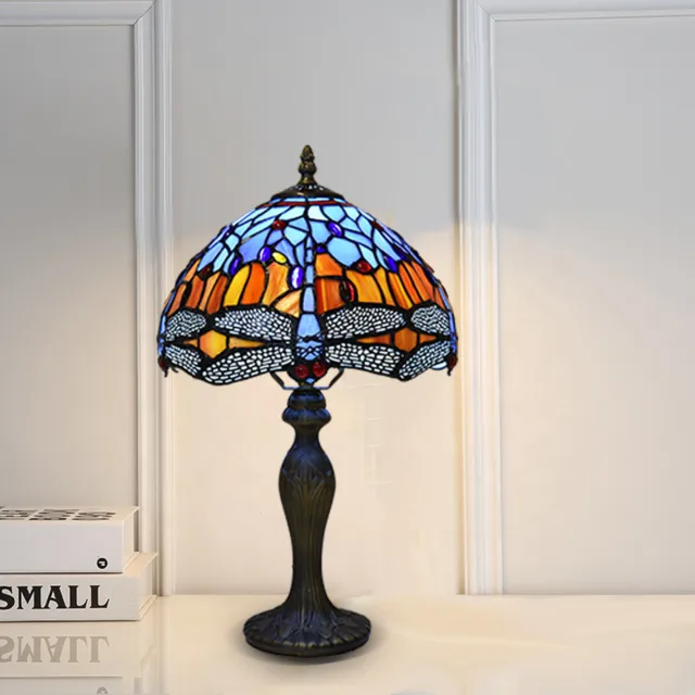Tiffany Table Lamp Dragonfly Style 10 inch Handmade Stained Glass Multicolor