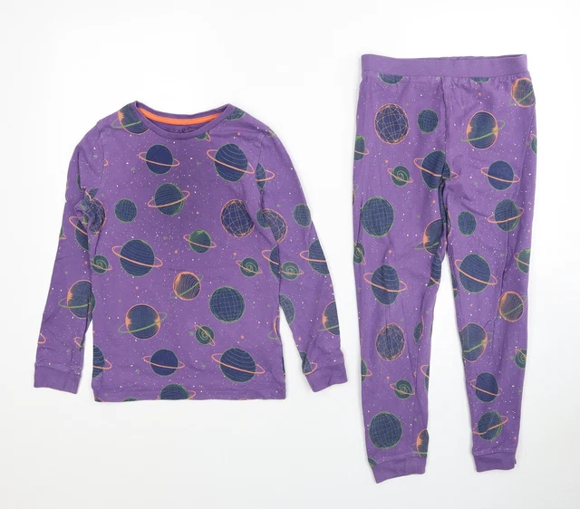 Marks and Spencer Girls Purple Geometric Cotton Top Pyjama Set Size 7-8 Years Pu