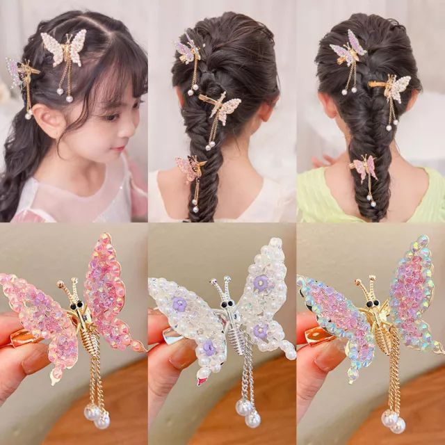 Gils Shiny Pearl Tassel Butterfly Hair Clip Rhinestone Barrette Hair Accessories