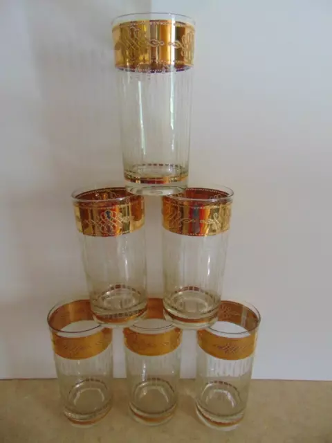 REDUCED 6 Culver Tyrol High Ball Glasses With Gold Decorated Trim 5 1/2" high