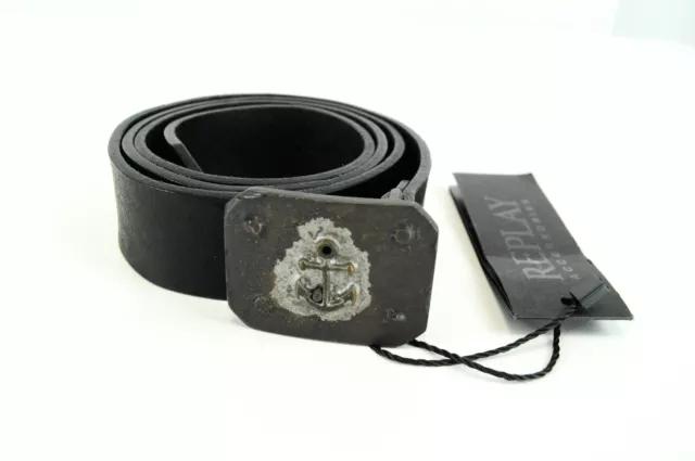 REPLAY 90 cm Men Belt Black Genuine Cow Leather Logo Anchor Buckle