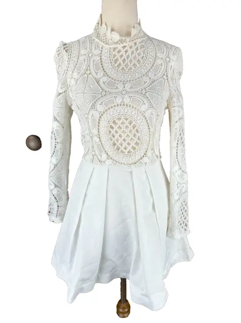 Angel Biba Womens Dress 10 White Lace Bodice High Neck Mini Dress BNWT