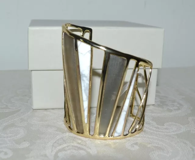 NWT $425 ALEXIS BITTAR Luna Colorblock Lucite Howlite Cuff Bracelet Warm Gray 2