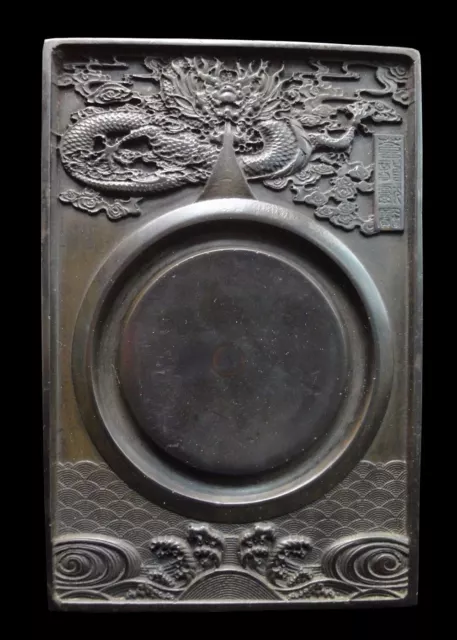 Fine Old Chinese Hand Carving Dragon Rectangle Ink Stone with Ink Stick Mark