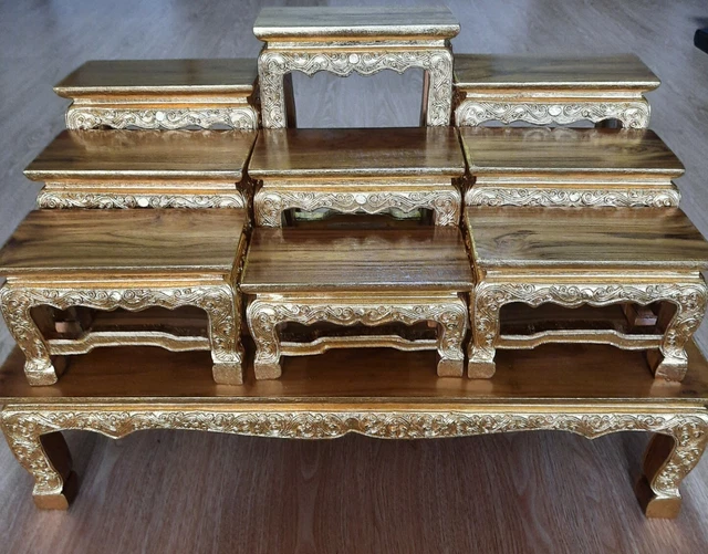 Set 9 + 1 Altar Worship Thai Buddha Teak Wood Table Hand Carved Brown Gold Deco