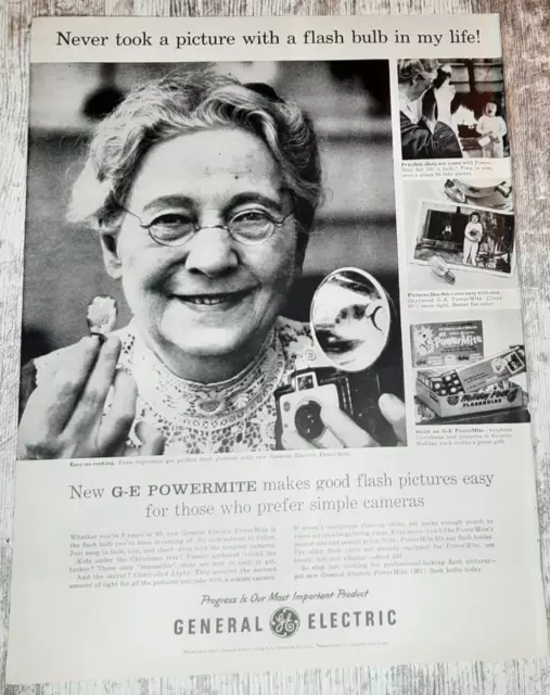 1956 General Electric Vintage Print Ad GE Flash Bulbs Camera Powermite Grandma