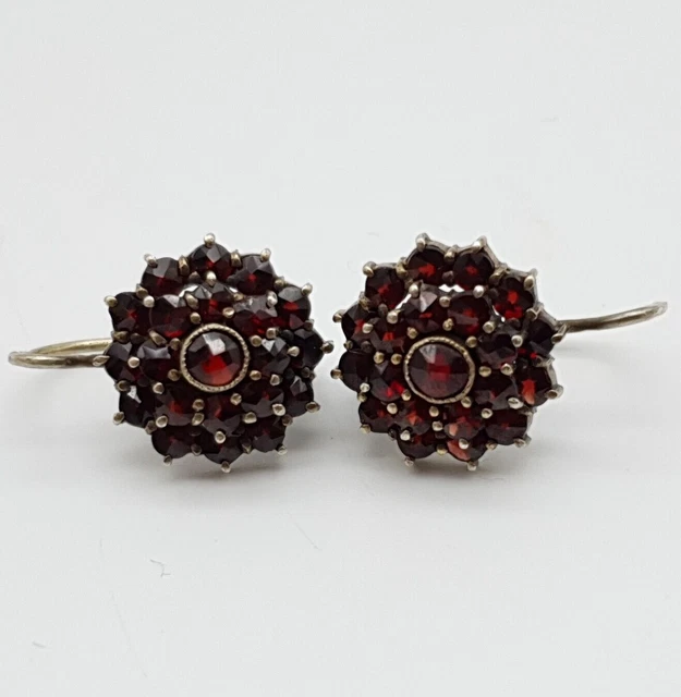 Antique 900 Boucles D'Oreilles en Argent Avec Grenat Pierres - Art Déco - (153)