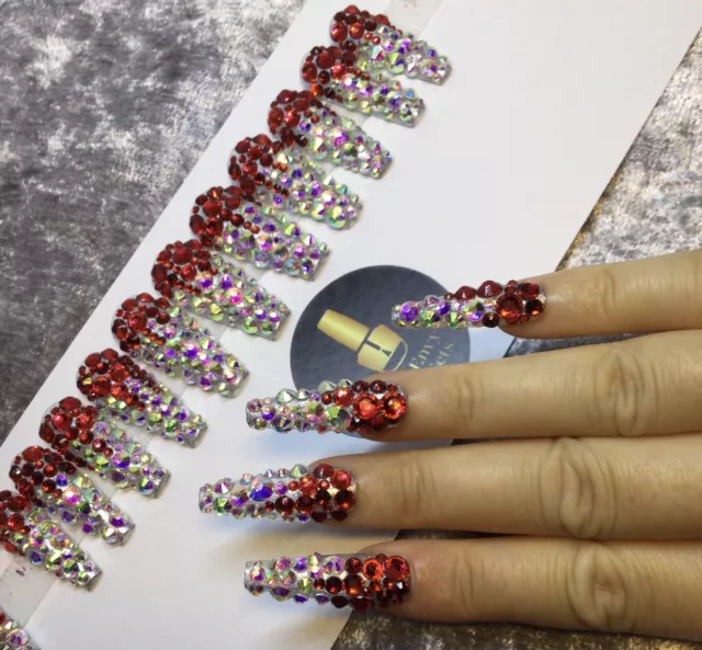 Red Silver Gem Diamante Press On False Extra Long Ballerina Nails Set