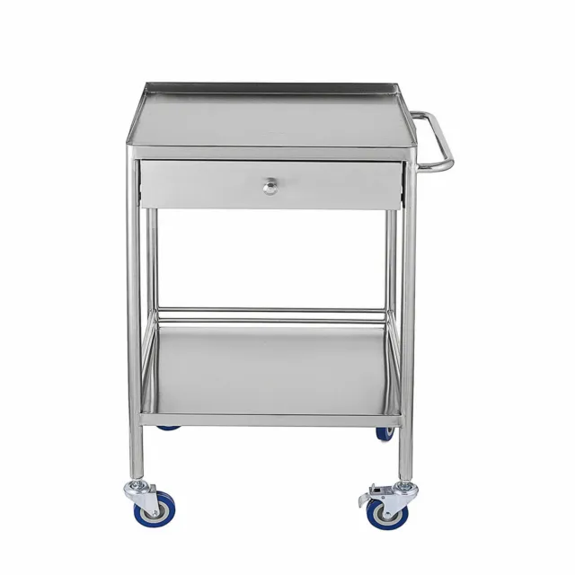 2 Tier Lab Cart With Wheels, Stainless Steel Rolling Cart, Medical Dental Cart
