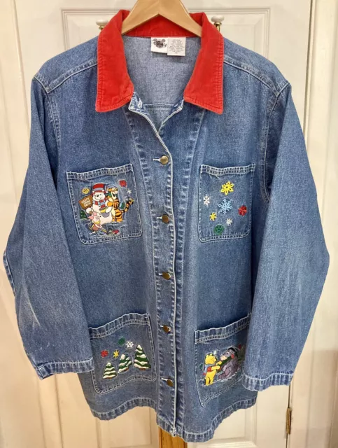 Y2K Disney Jean Denim Shirt Jacket Women 1X Embroidered Winnie Pooh Tigger Eeyor