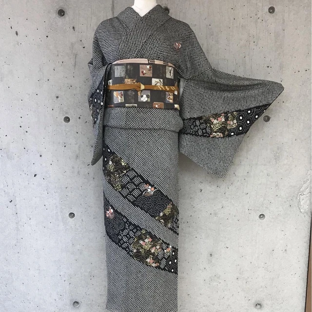 Japanese Semi-formal Kimono Shibori Houmongi Silk Black 157cm Flower Embroidery