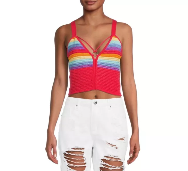 Madden NYC Crochet Crop Tank Top Women's Size XL Rainbow Heart Colorful Pride
