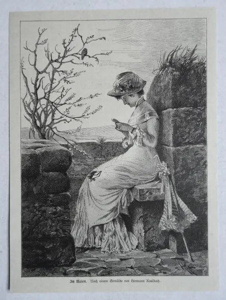 Im Maien. Nach einem Gemälde von Hermann Kaulbach, Mädchen, Holzstich um 1875