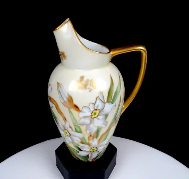 CFH GDM Limoges France Floral & Gilt Butterflies Antique 8" Pitcher 1882-