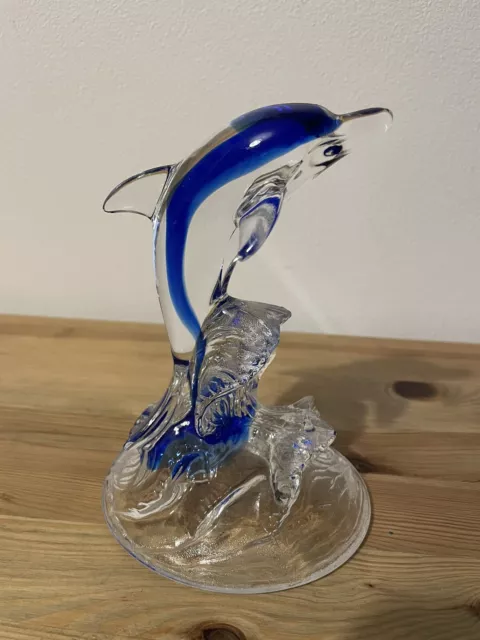 Large Blue and Clear Glass Leaping Dolphin Ornament / Figurine